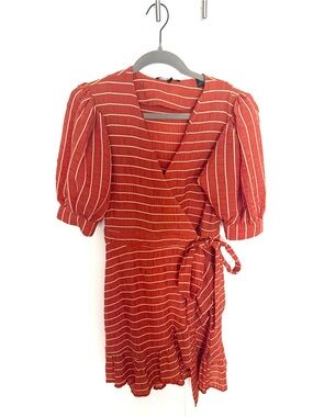 Scotch and Soda Rust Stripe Wrap Dress with Puff Sleeves size medium